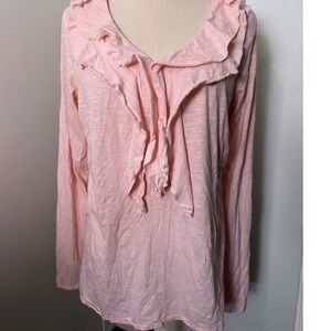Polo Jeans Co Ralph Lauren Pink Ruffle V-Neck Slub Knit Long Sleeve Top XL